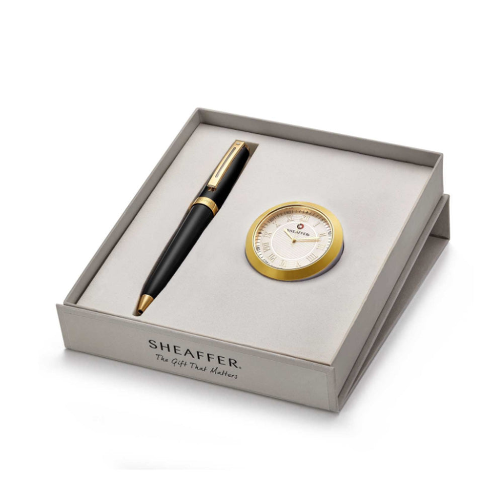 Sheaffer Prelude 346 Matte Black GT Ball Pen with Gold-Plated Table Clock