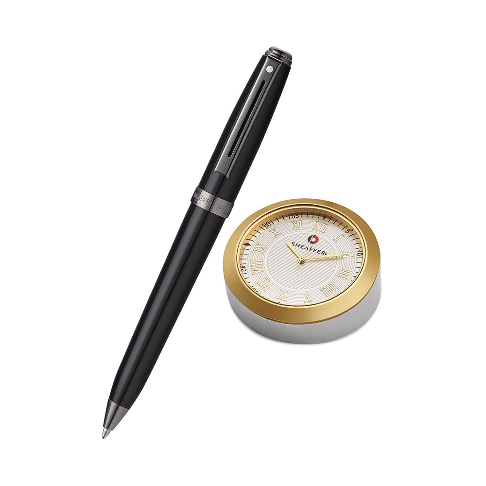 Sheaffer Prelude 9144 Glossy Black Lacquer Gunmetal Trim Ball Pen with Gold-Plated Table Clock
