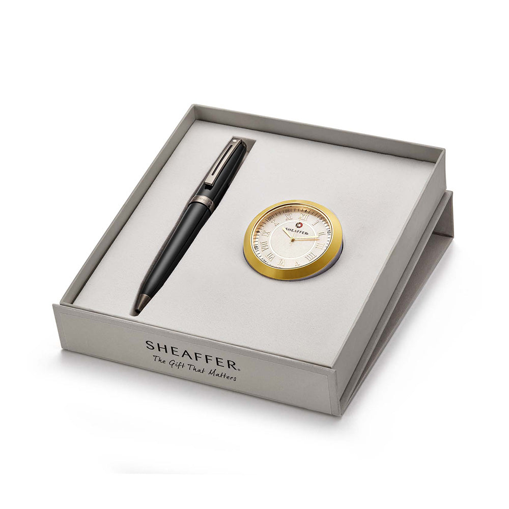 Sheaffer Prelude 9144 Glossy Black Lacquer Gunmetal Trim Ball Pen with Gold-Plated Table Clock