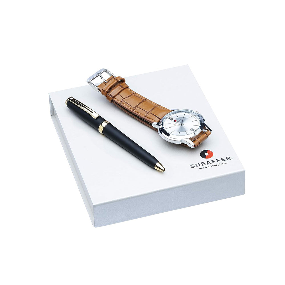 Sheaffer Set 346 Prelude Matte Black GT Ballpoint Pen with Tan Wrist Watch