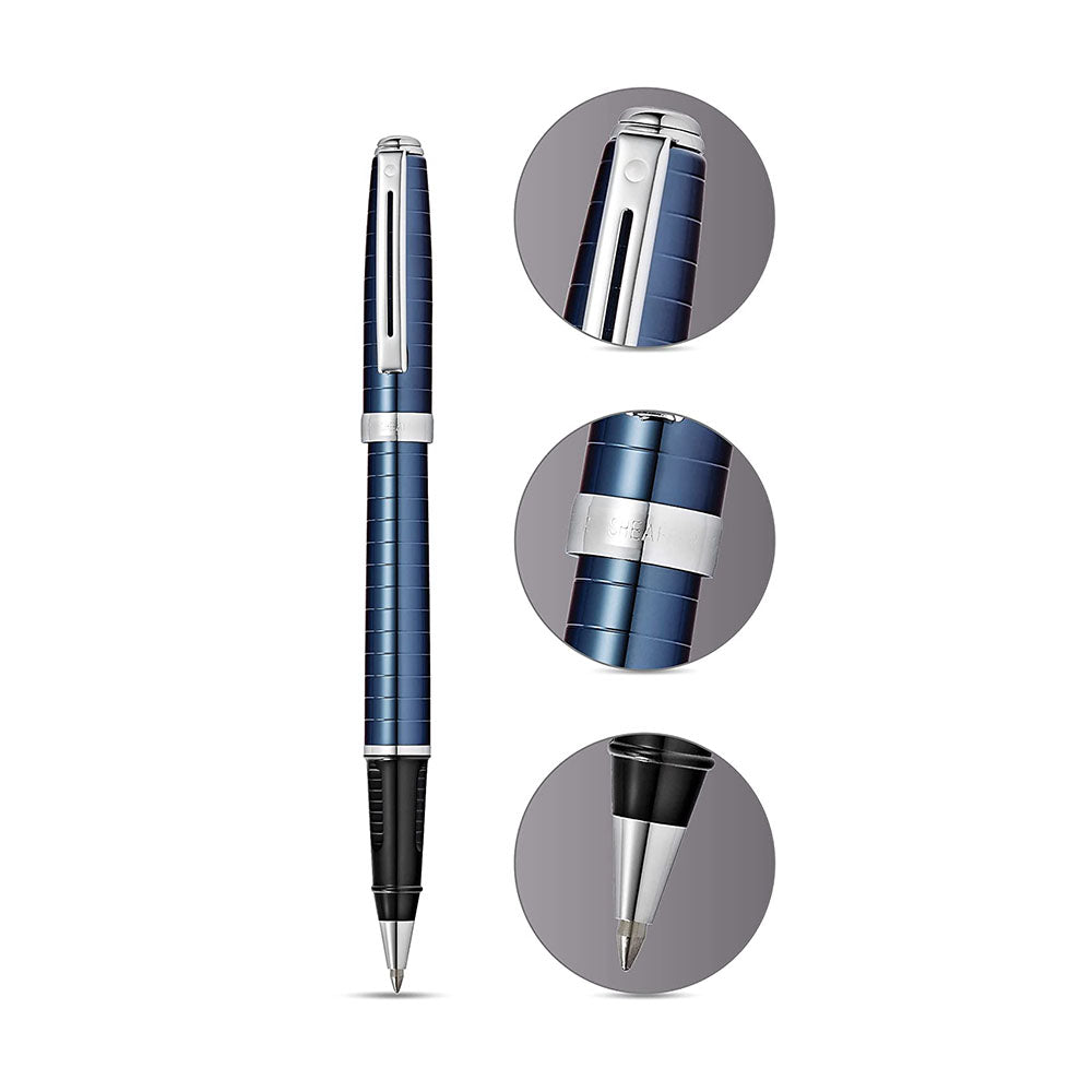 Sheaffer Prelude 9163 Deep Blue with Chrome-Plated Horizontal Line Engravings and Trim Rollerball Pen