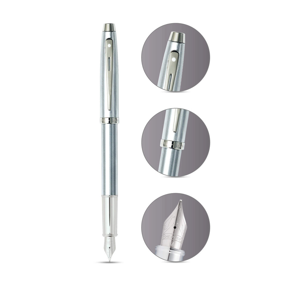 Sheaffer 100 Gift 9306 Brushed Chrome with Nickel Plate Trim Fountain Pen - Medium Nib