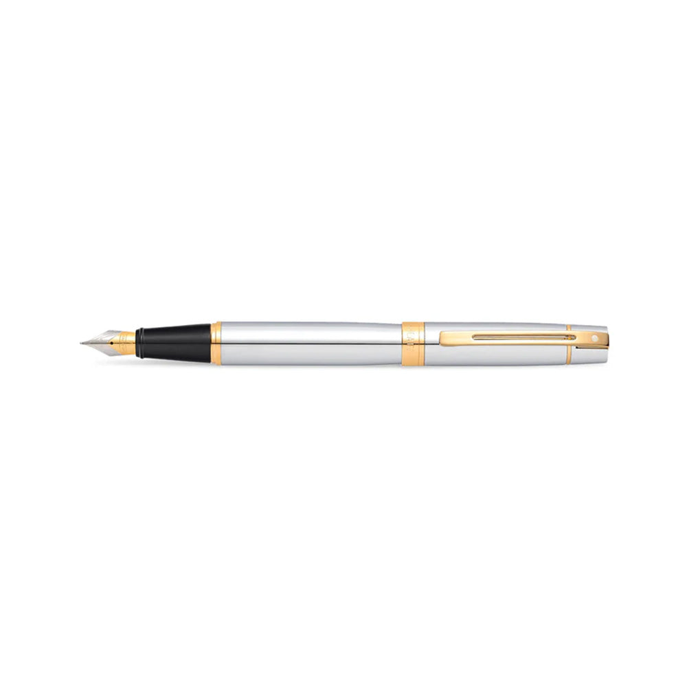 Sheaffer 300 E9342 Bright Chrome with Gold Tone Trim Fountain Pen - Medium Nib