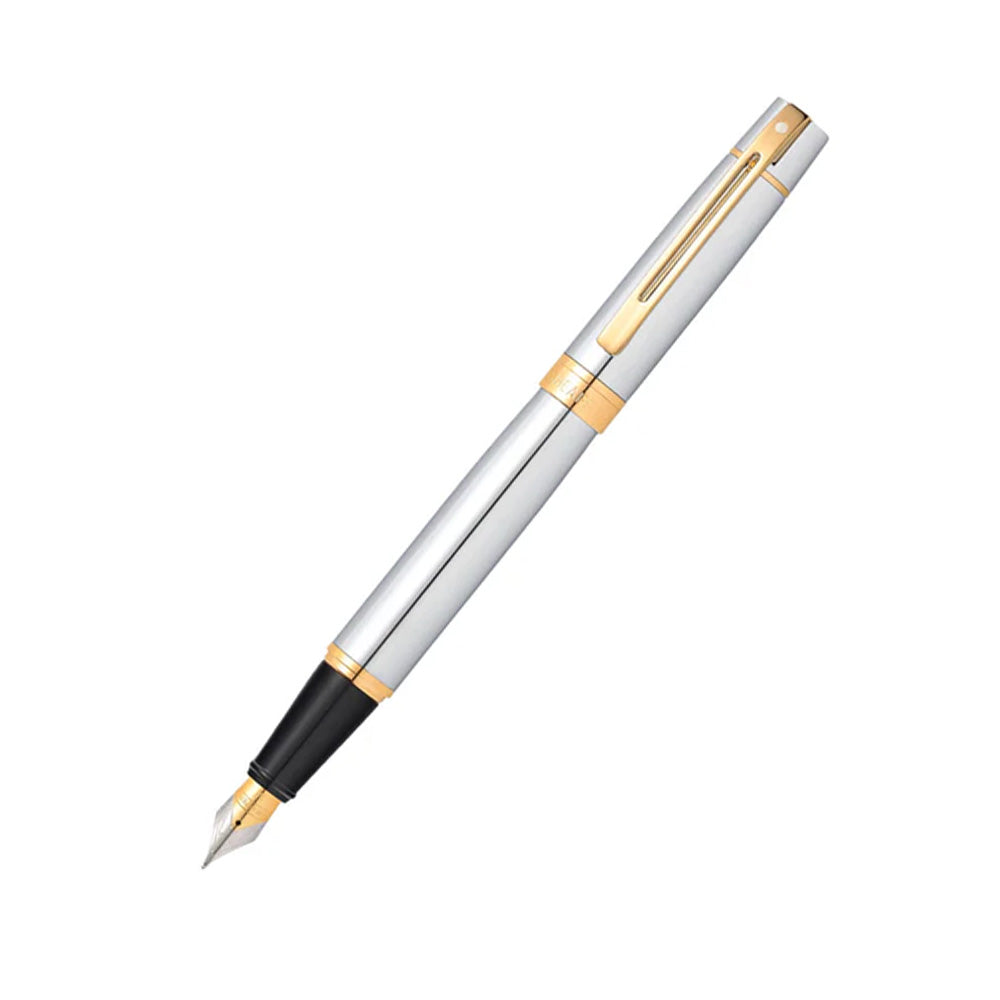 Sheaffer 300 E9342 Bright Chrome with Gold Tone Trim Fountain Pen - Medium Nib