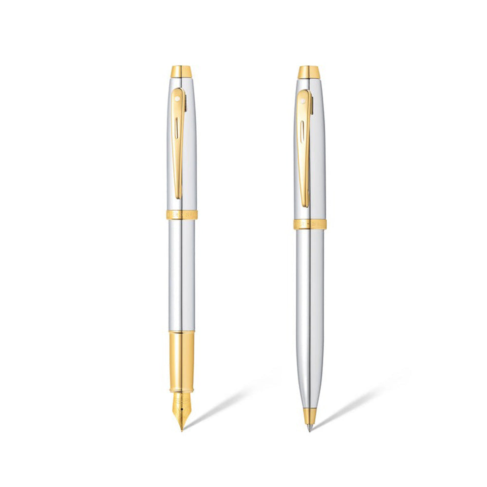 Sheaffer 100 Giftset E9340 Bright Chrome with Gold Tone Trim Fountain Pen & Ballpoint Pen