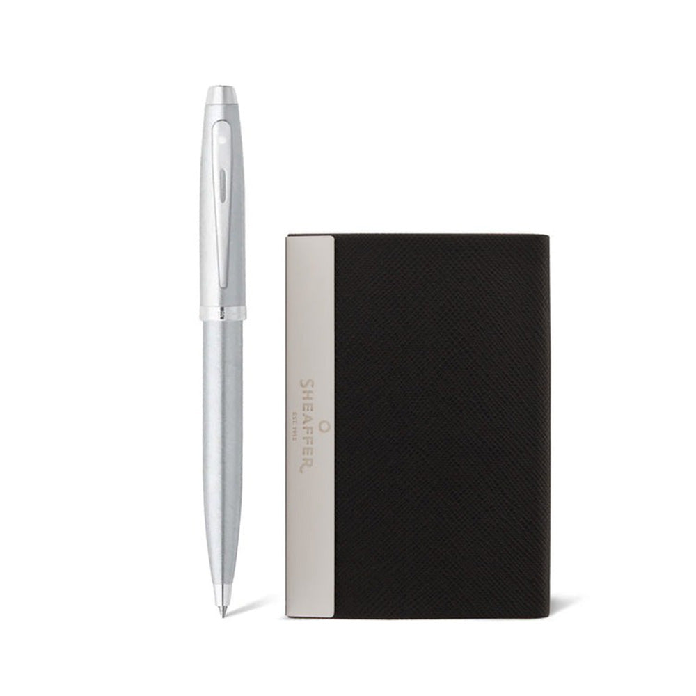 Sheaffer Giftset 100 9306 Brushed Chrome with Chrome Trim Ball Pen with Business Card Holder