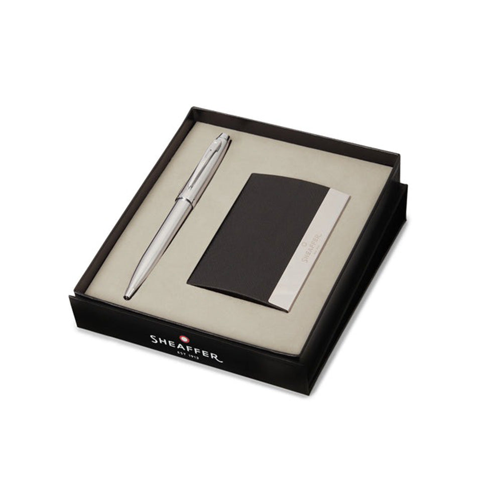 Sheaffer Giftset 100 9306 Brushed Chrome with Chrome Trim Ball Pen with Business Card Holder