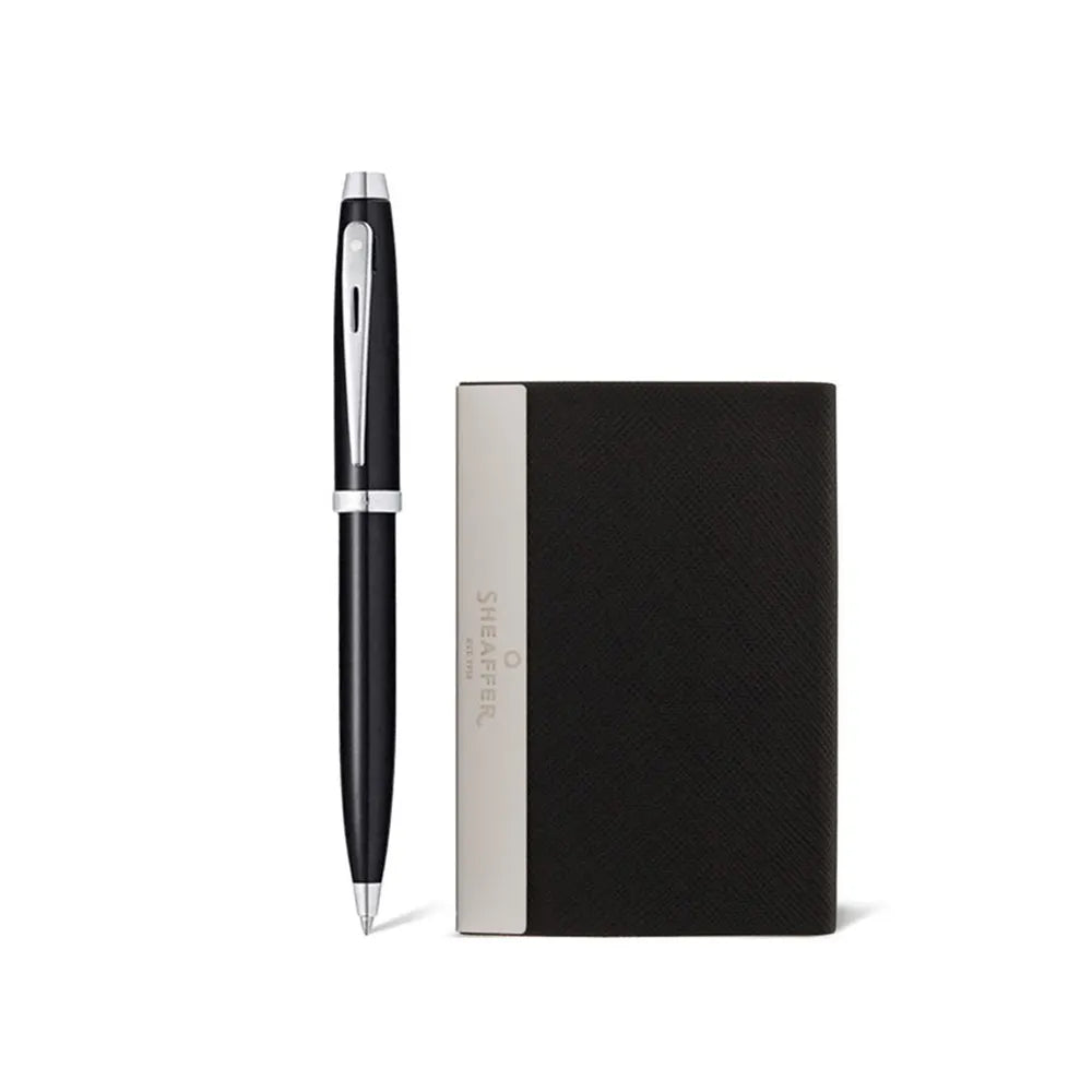 Sheaffer Giftset 100 G9338 Glossy Black with Chrome Trim Ballpoint Pen and Business Card Holder