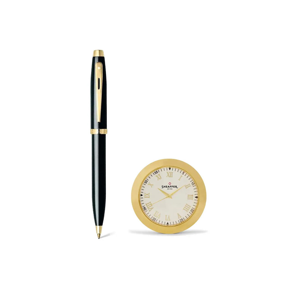 Sheaffer Gift 100 G9322 Glossy Black GT Ball Pen with Gold-Chrome Table Clock