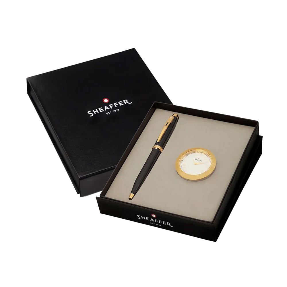 Sheaffer Gift 100 G9322 Glossy Black GT Ball Pen with Gold-Chrome Table Clock