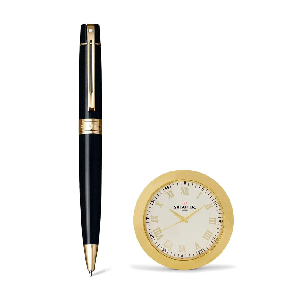 Sheaffer Gift 300 9325 Glossy Black with Gold-Tone Trim Ball Pen with Gold Table Clock