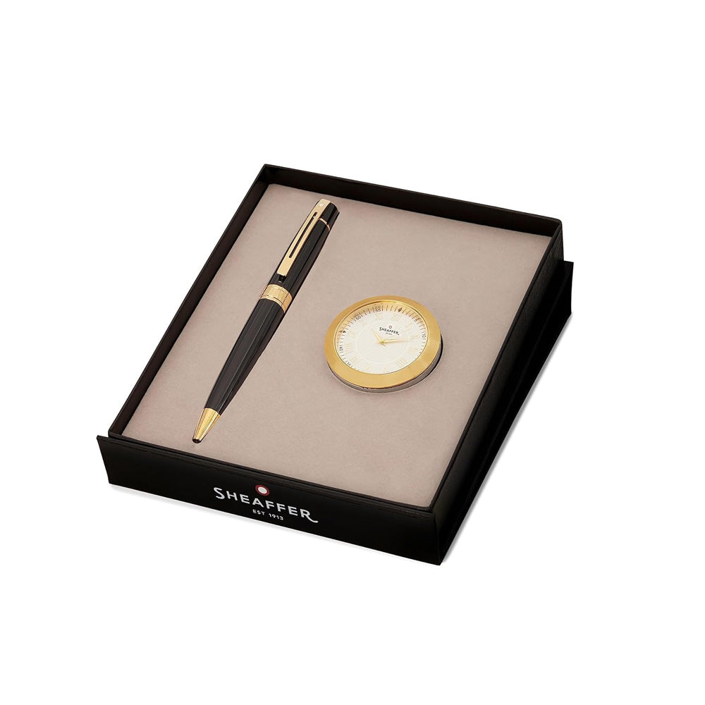 Sheaffer Gift 300 9325 Glossy Black with Gold-Tone Trim Ball Pen with Gold Table Clock