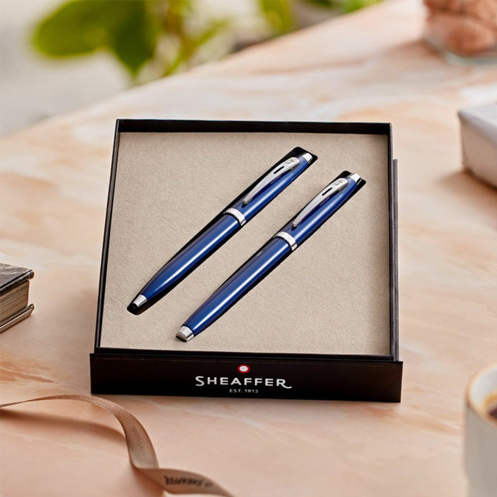 Sheaffer Gift Set S100 9339 Glossy Blue With Chrome Trim Ballpoint Pen & Rollerball Pen