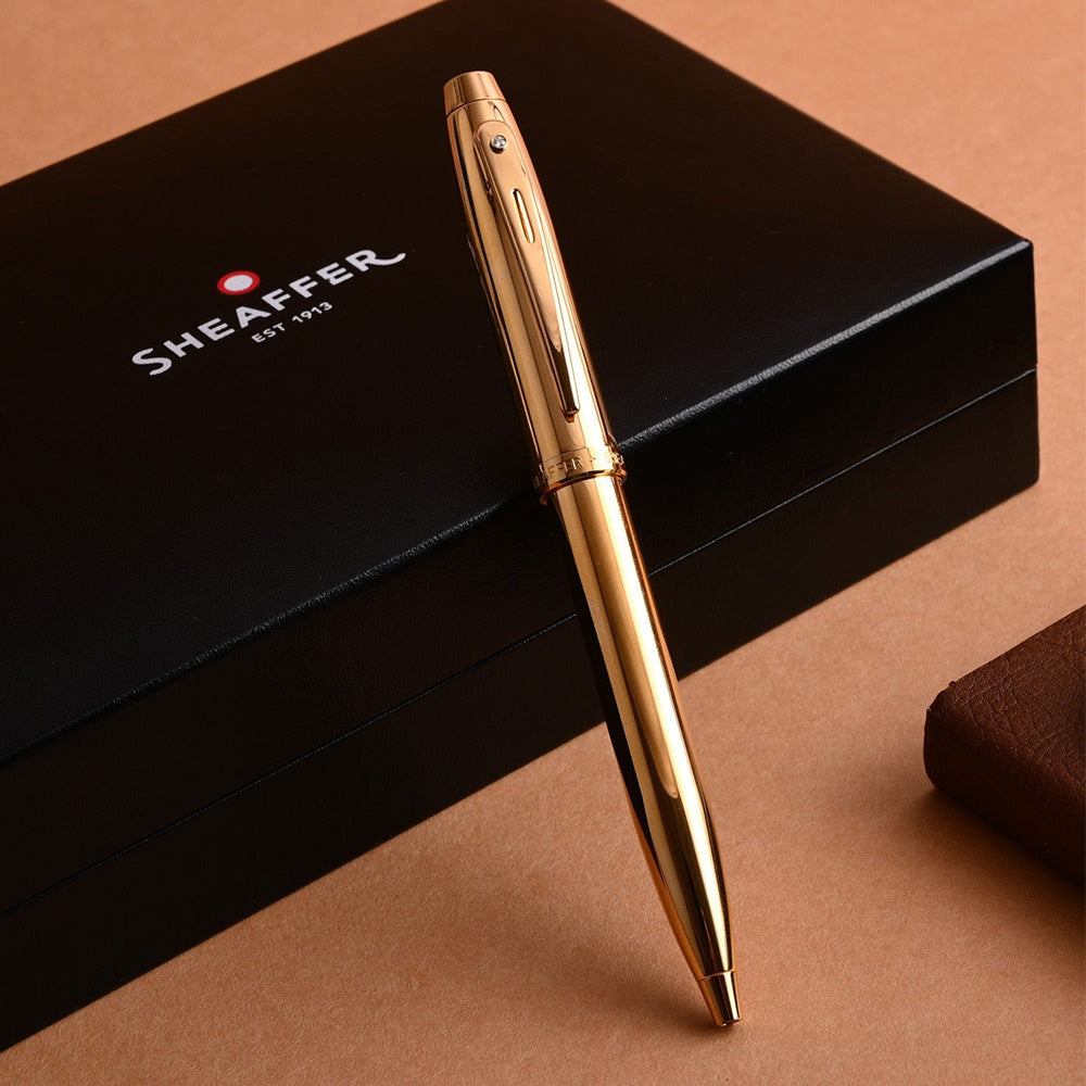 Sheaffer 100 E9372 PVD Gold with PVD Gold Trim Ballpoint Pen with Brilliant Diamond Embellishment