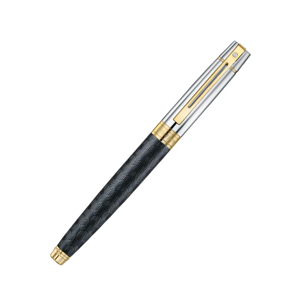 Sheaffer 300 9347 Engraved Matte Black and Chrome Cap with PVD Gold Trim Fountain Pen - Fine Nib
