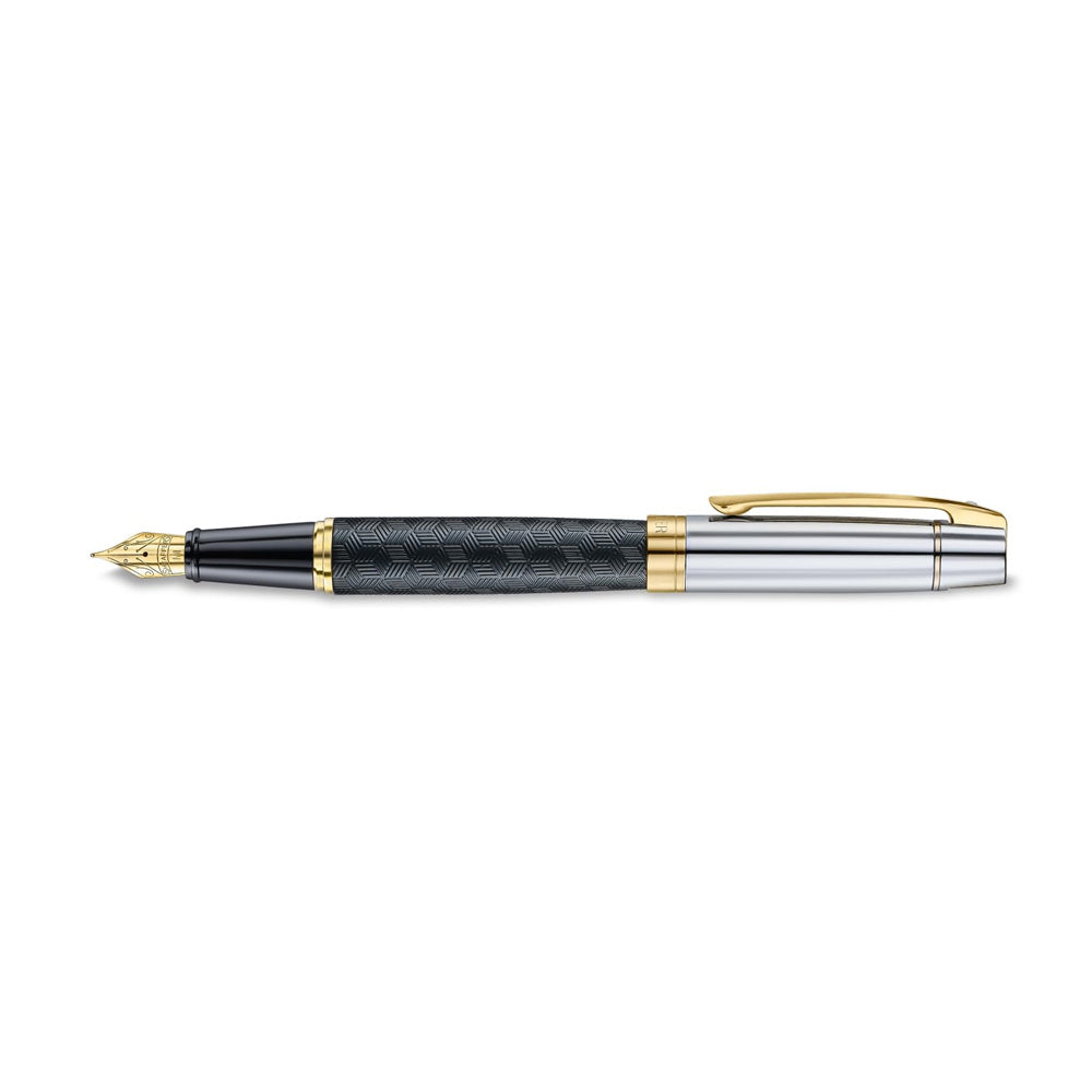 Sheaffer 300 9347 Engraved Matte Black and Chrome Cap with PVD Gold Trim Fountain Pen - Fine Nib