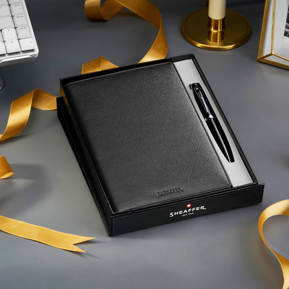 Sheaffer 100 Gift G9338 Glossy Black with Chrome-Plated Trim Ballpoint Pen with Leather Notebook Jacket