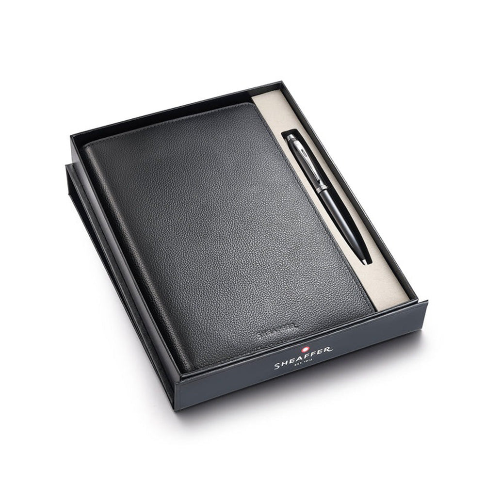 Sheaffer 100 Gift G9338 Glossy Black with Chrome-Plated Trim Ballpoint Pen with Leather Notebook Jacket