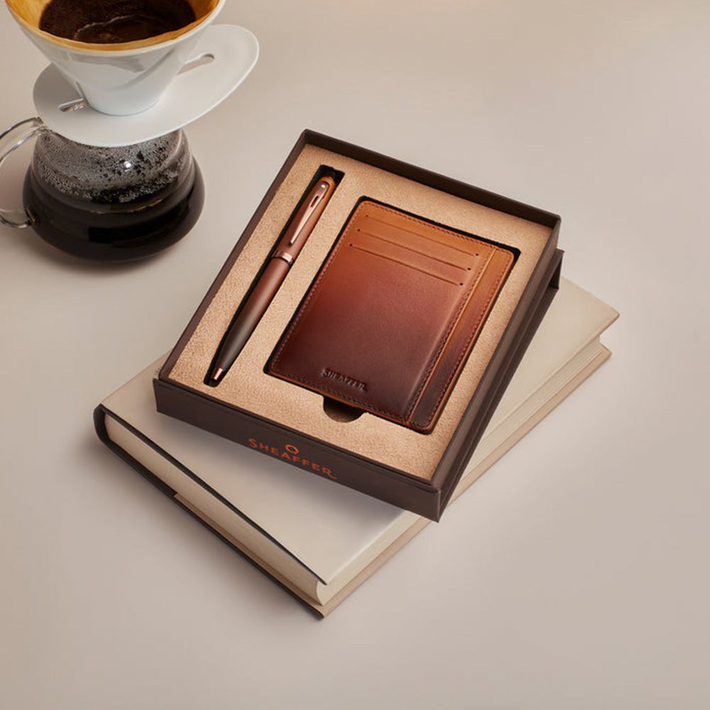 Sheaffer Giftset 100 G9374 Coffee Edition Matt Brown with Regal Brown PVD Trims Ball Pen and Credit Card Holder
