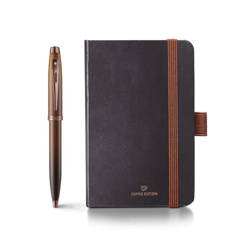 Sheaffer Giftset 100 G9374 Coffee Edition Matt Brown with Regal Brown PVD Trims Ball Pen with Coffee Small Notebook