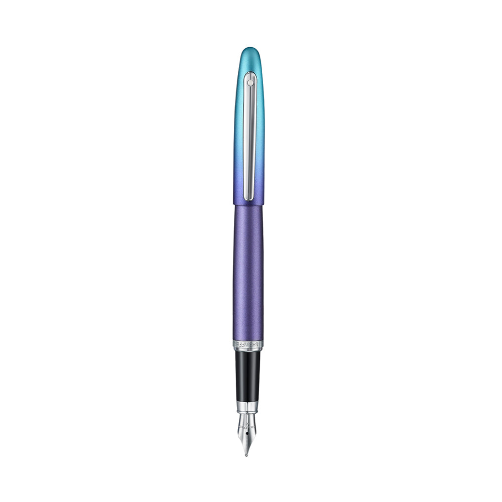 This fountain pen captures the essence of modern self-expression - fearless, fluid, and entirely original. With a vibrant pearlised gradient shifting from blue to purple and sleek chrome-plated trims, it's crafted for those who write their own rules. Engineered with Sheaffer's signature smoothness, the VFM Expression isn't just a pen, it's a statement of individuality in motion.