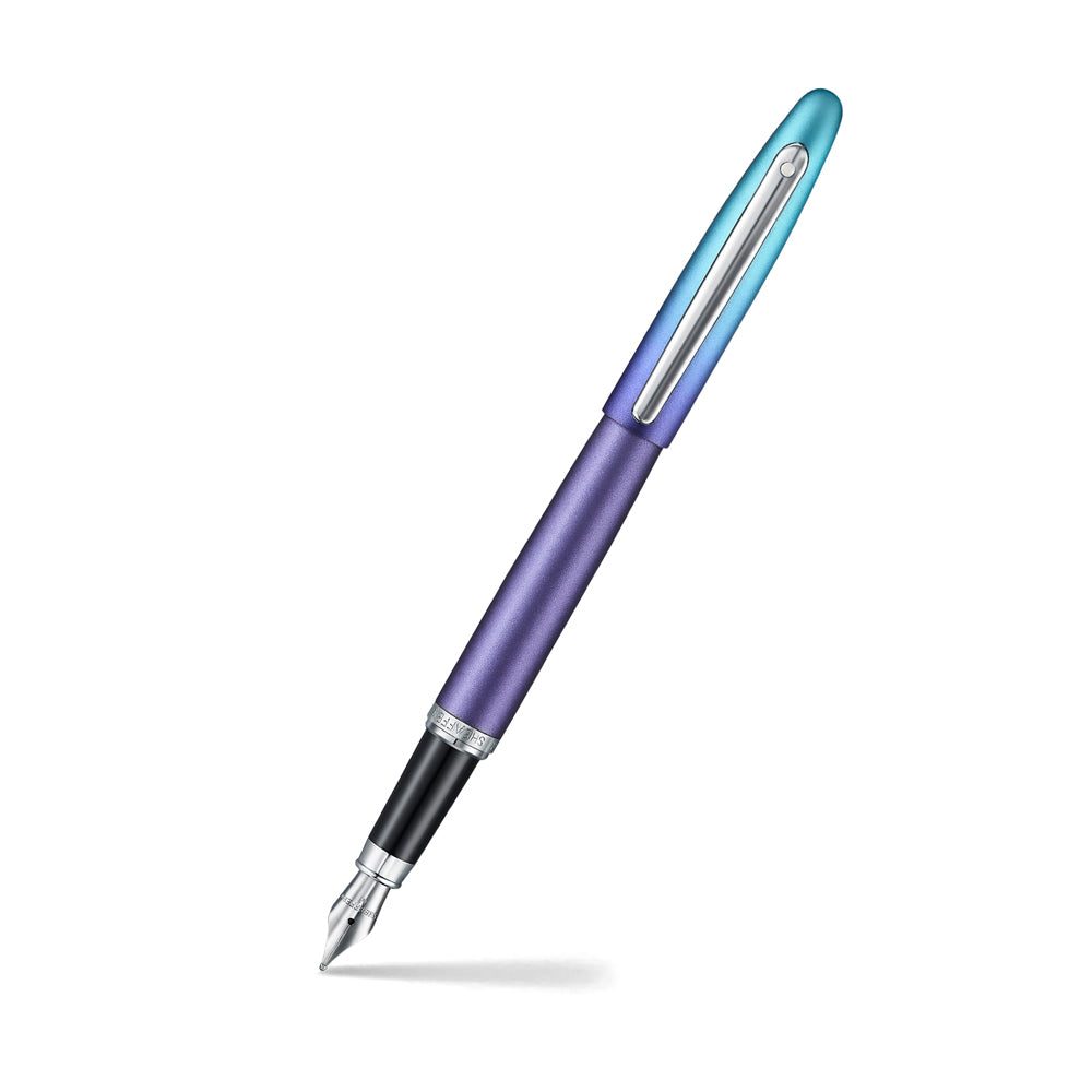 This fountain pen captures the essence of modern self-expression - fearless, fluid, and entirely original. With a vibrant pearlised gradient shifting from blue to purple and sleek chrome-plated trims, it's crafted for those who write their own rules. Engineered with Sheaffer's signature smoothness, the VFM Expression isn't just a pen, it's a statement of individuality in motion.