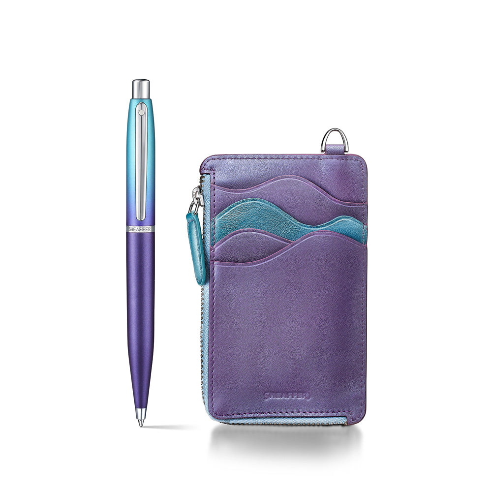 Sheaffer Expressions Gift Set Blue and Purple Pearlised Gradient Ballpoint Pen with Genuine Leather Card Case