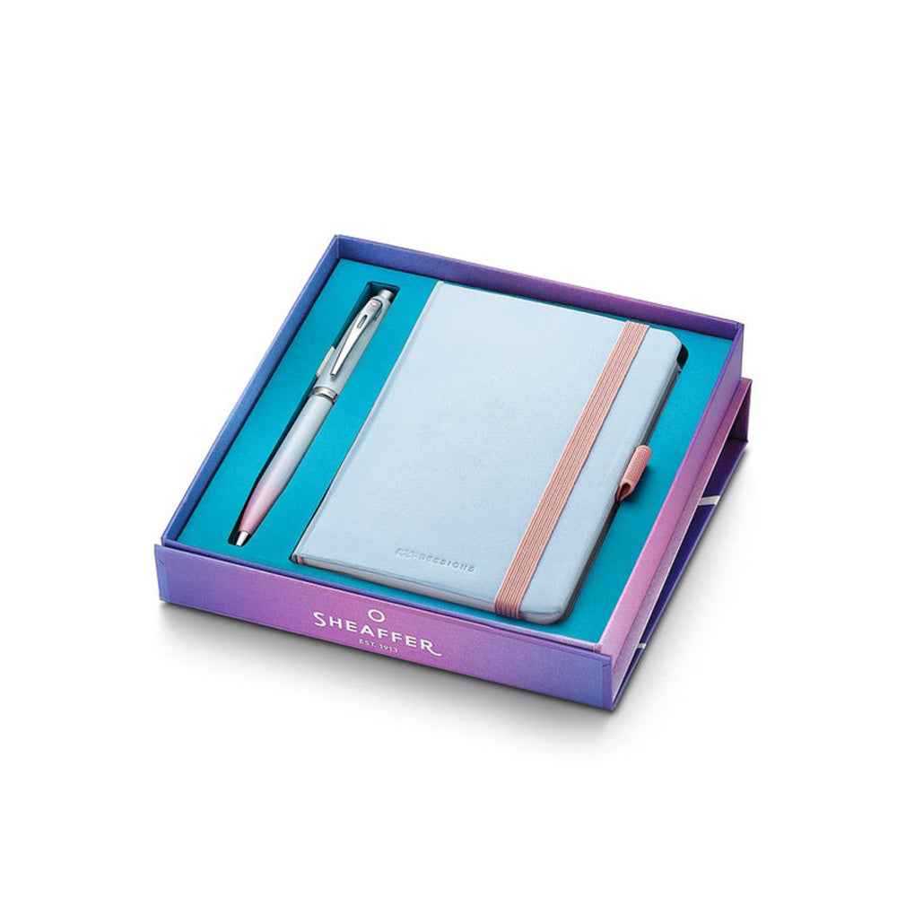 Sheaffer Giftset Expressions 100 E9376 Blue and Pink Pearlised Gradient with Chrome-plated Trims Ballpoint Pen and Small Notebook