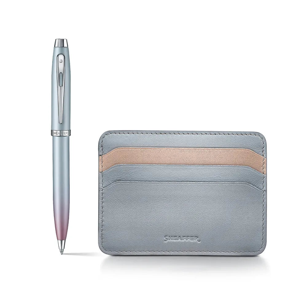 Sheaffer Giftset Expressions 100 9376 Blue and Pink Pearlised Gradient CT Ballpoint Pen with Genuine Leather Credit Card Holder